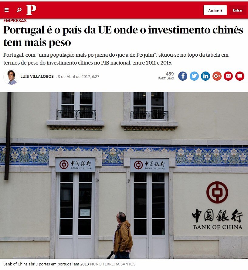 Portugal  o pas da UE onde o investimento chins tem mais peso